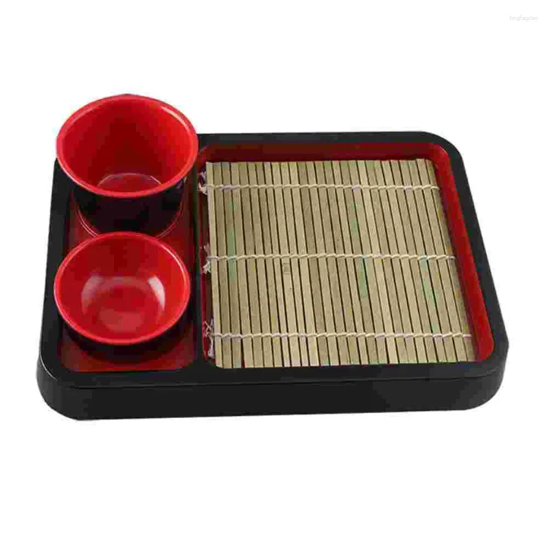 Ensembles de vaisselle Assiette de nouilles froides japonaises Conteneur de stockage de fournitures de cuisine Sushi Dessert Plateau en mélamine avec tapis de bambou Cuisson