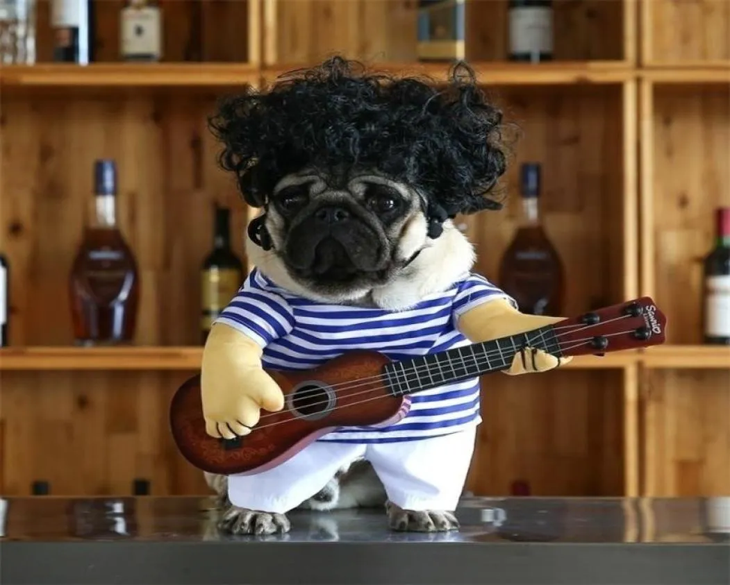 Engraçado animal de estimação guitarrista cosplay cão traje guitarrista vestir-se festa de halloween ano roupas para pequenos gatos franceses 3 y2003303753708