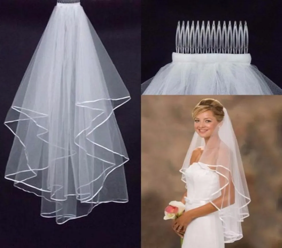 Voile de mariage Simple en Tulle blanc ivoire, deux couches, peigne à bord de ruban, accessoires de mariage bon marché, voile de mariée court 1909935