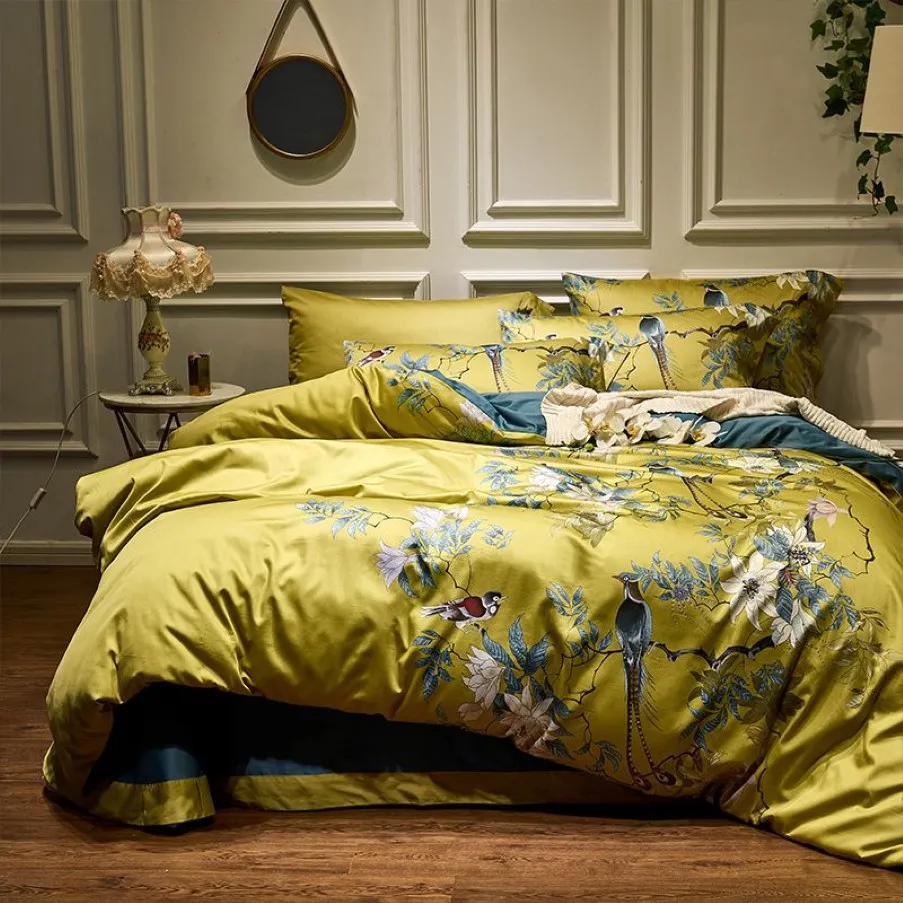 Housse de couette en coton égyptien soyeux, jaune et vert, drap-housse, ensemble de literie King Size Queen, 230H