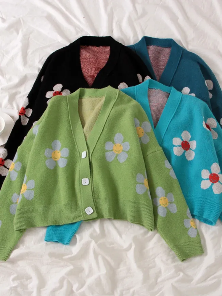 Cardigans 2021 Autumn College Cardigans tröja kvinnor Lossa V Neck Flower Green Sweater Kvinnlig Kort söt Case Coat Tjockade tröjor Y2K