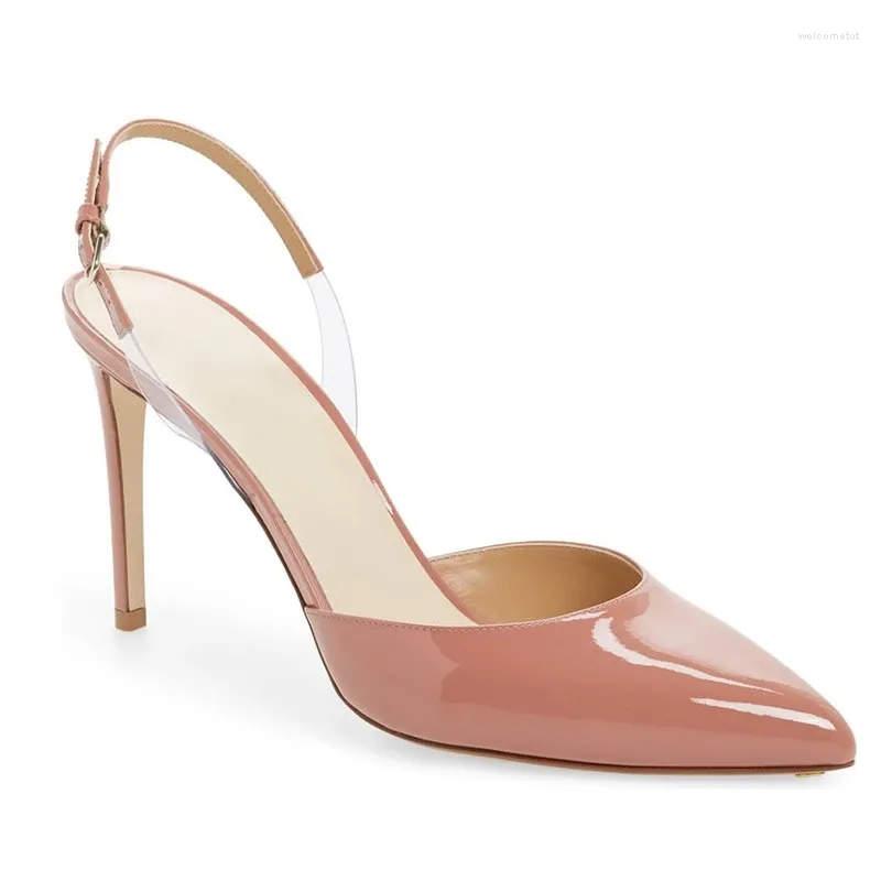 Sandali Festa estiva Tacchi alti sottili Scarpe in pelle laccata per le donne Sandali con cinturino posteriore a spillo con punta a punta Décolleté argento rosa