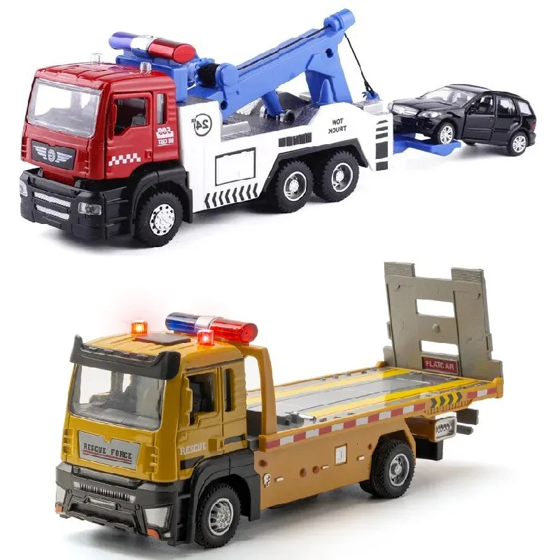 Toys Diecasts Tow Truck Set Rescue Trailer 1 50 Alloy Model med en 1 64 CAR 5009-1/ 50010-1 Transport Vehicle Boys Gift 240306