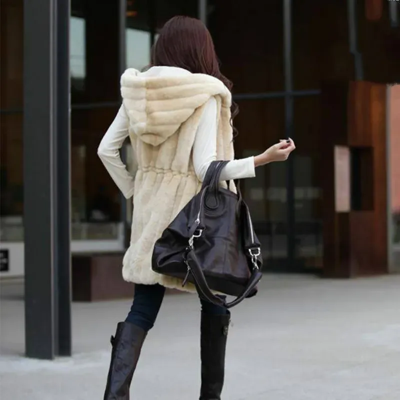 Fur Beige Faux Fur Vest Winter Autumn Artificial Thick Warm Fur Vest Black Sleeveless Hood Slim Long Coat Office Lady Fashion Jacket