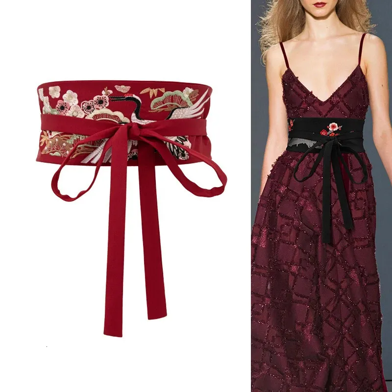 Embroidered Wide Waist Belt for Women Ladies Self Tie Wrap Around Obi Band Cinch Boho Fabric Belts Dress 240309