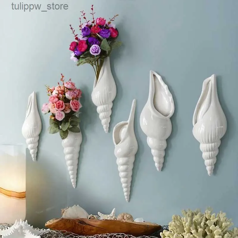 화병 1pc amagogo 현대 흰색 세라믹 바다 껍질 콘크 꽃 꽃병 벽걸이 홈 장식 l240309
