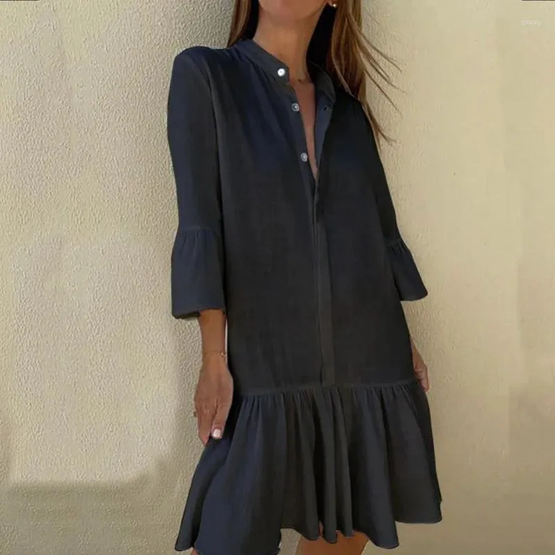 Casual Dresses Office Ladies Loose Shirt Dress Long Sleeved Cotton Linen 2024 Vintage Standing Collar Knapp PLEATED A-LINE