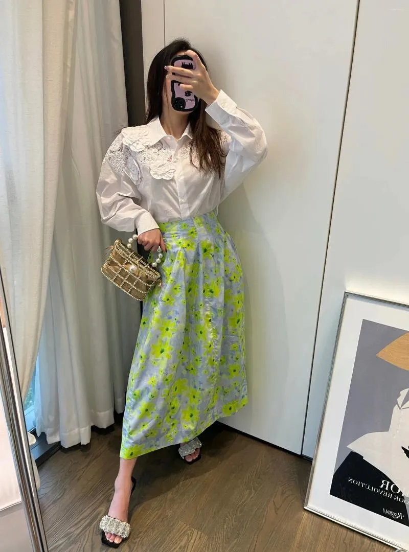 Werk Jurken 2024 Lente Zomer Luxe Vrouwen Mode Witte Bloem Katoenen Shirt Blouse Met Midi Rok Past Sets Voor Vrouwelijke Gdnz 2.28