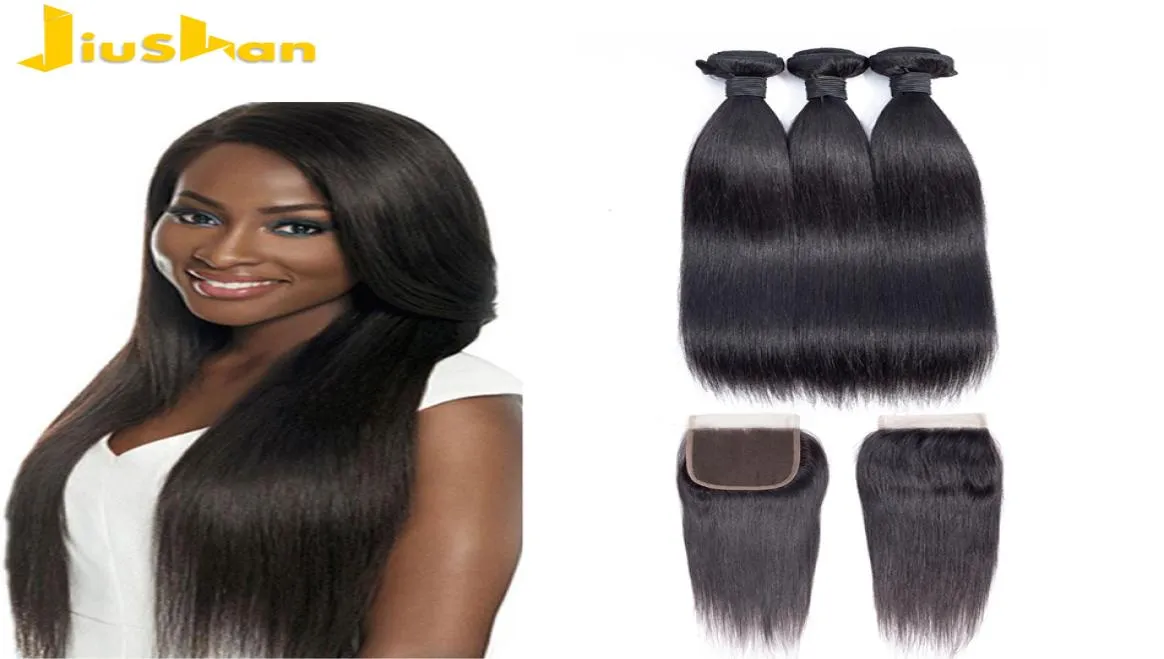 Jiushan Brazilian Weave 3 bundels met sluiting Recht 8a 3-delige sluiting Maagd Onverwerkt met bundels met sluiting en bundels9116253