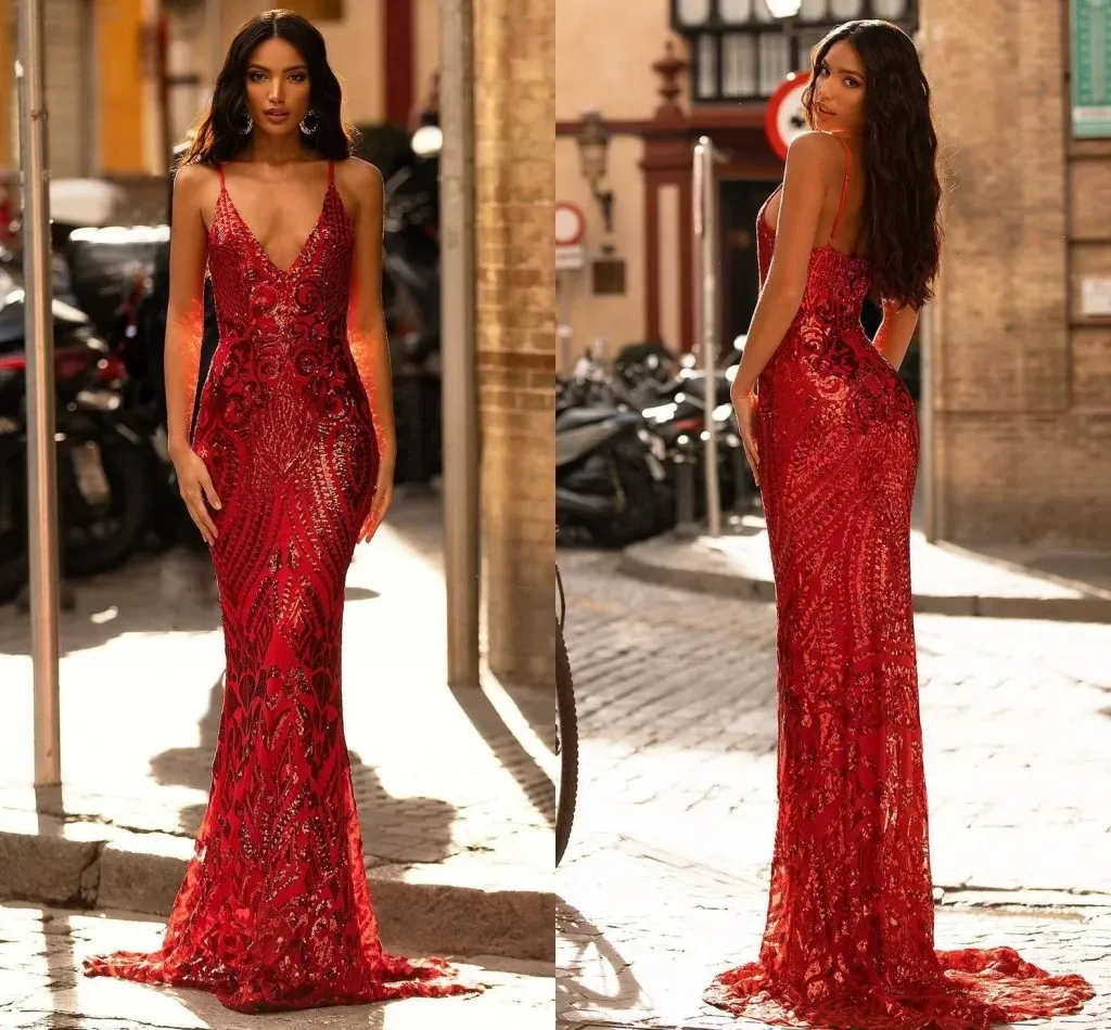 Sexy Dark Red Evening Formal Dress 2024 V-neck Straps Backless Sequins Mermaid Long Prom Party Gowns Robe De Soiree YD