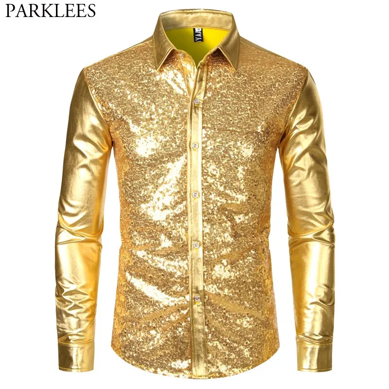 Mens Disco Shiny Gold Sequin Metallic Design Dress Shirt Långärmad knapp ner Christmas Halloween Bday Party Stage Costume 240307