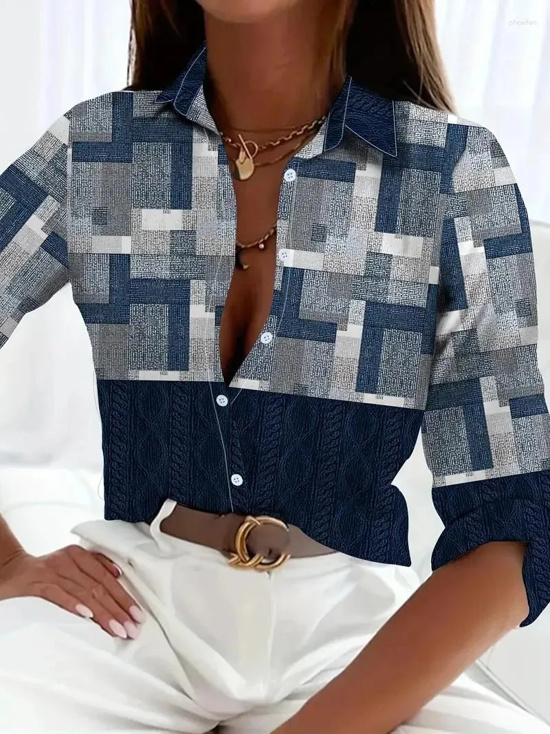 Kvinnors blusar Fashion Shirts Blue Retro Checkered Print Shirt 2024 Spring Summer Plus Size Size Kvinnliga klädblus Toppar