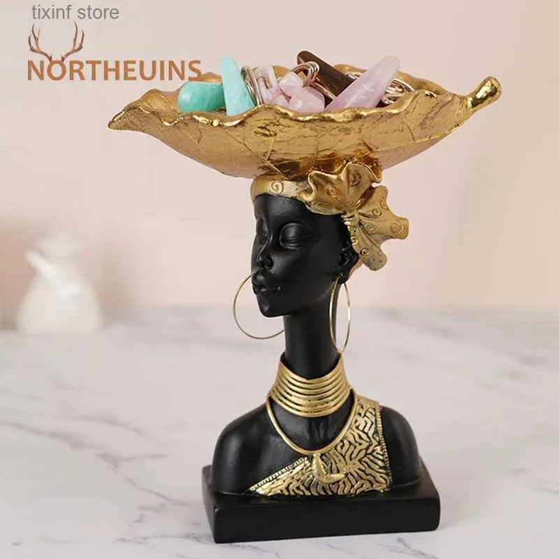 Decorative Objects Figurines NORTHEUINS Resin Black African Woman Storage Figurines for Interior Exotic Figure Statues Desktop Entrance Keys Container Decor T24