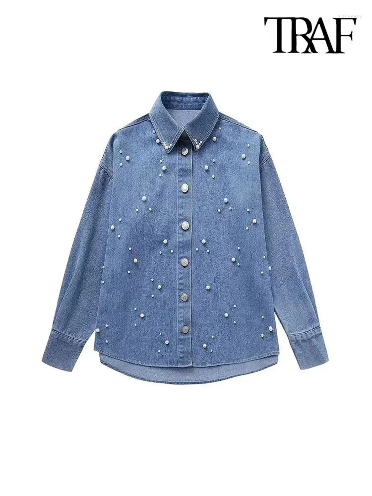 Blusas femininas traf mulheres moda com pérolas falsas denim camisas vintage manga comprida botão feminino chique tops