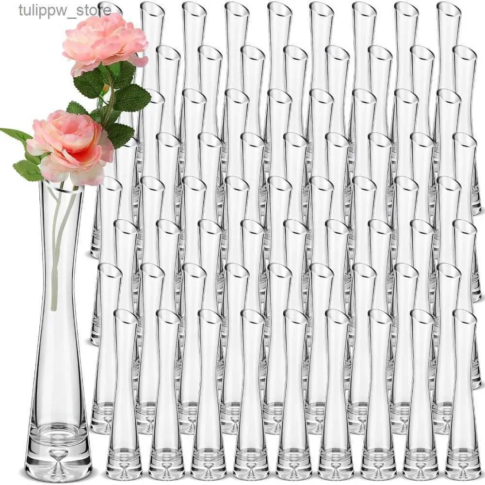 Vaser Vase 72 PC: er klara höga glasknoppsvaser Bulk Enkel stamblomma Glas Vase Skinny Dekorativa cylindervaser för mittstycken Hem L240309