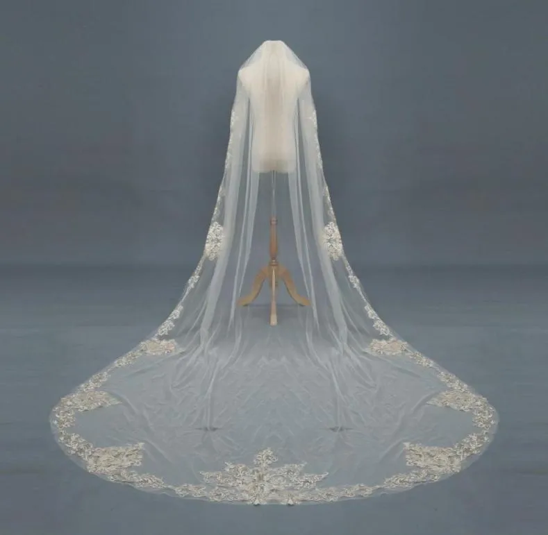 3M Long Wedding Veils Cathedral 1T Bridal Veil Accessories Lace Applique White Ivory Champagne Bride Veil With Comb56433139173513