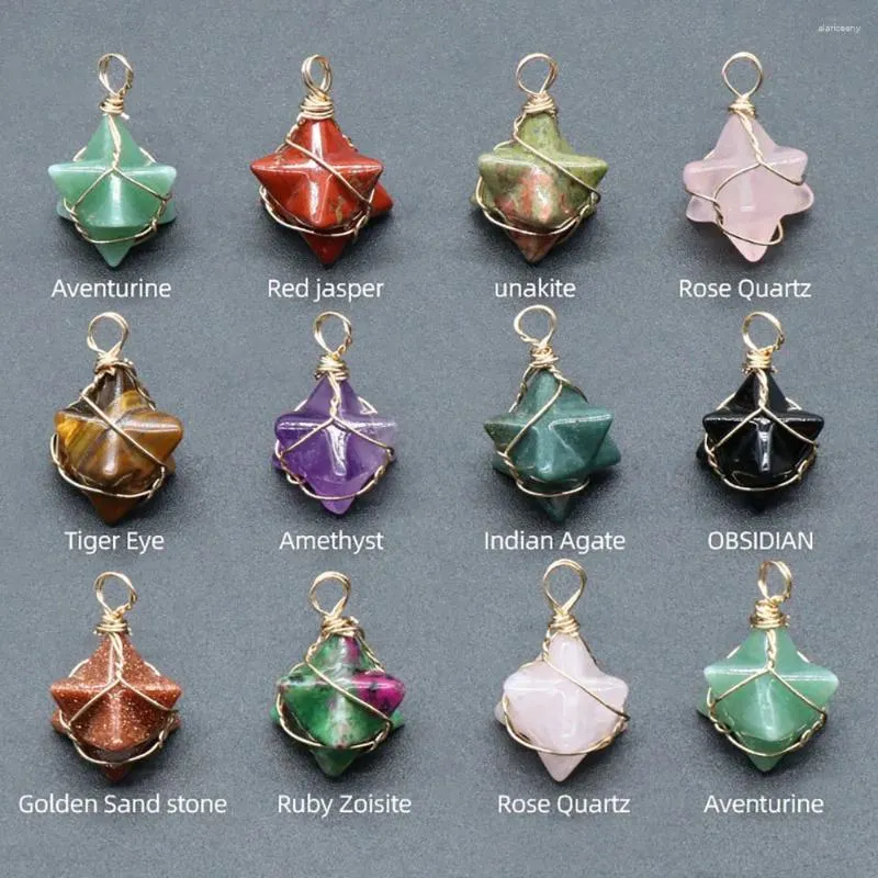 Pendant Necklaces Fashion Merkaba Wrapped Wire Gold Color Natural Crystal Agate Gem Stone Jewelry Making Charm Necklace Accessories 12pc