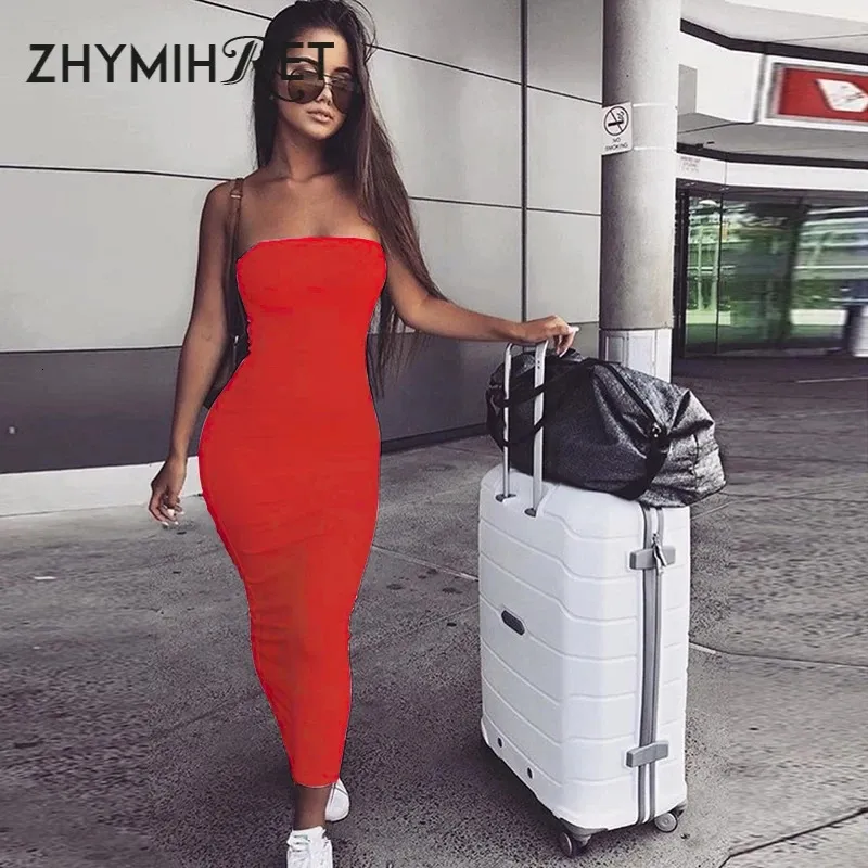 ZHYMIHRET Elegant Red Skinny Tube Dress Strapless Long Sexy Backless Bandage Party Night Off Shoulder Vestidos Femme 240228