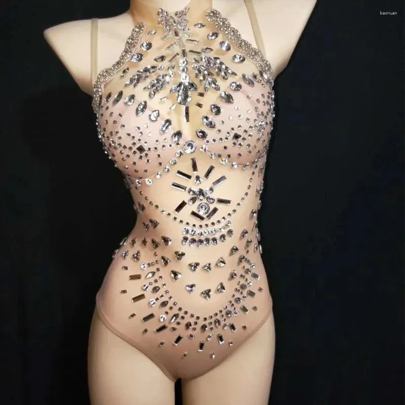 Stage Wear Shining Diamonds Nude Mesh See Through Bodysuits Stretch Sleeveless Halter Leotard Nightclub Singer Dancer Show