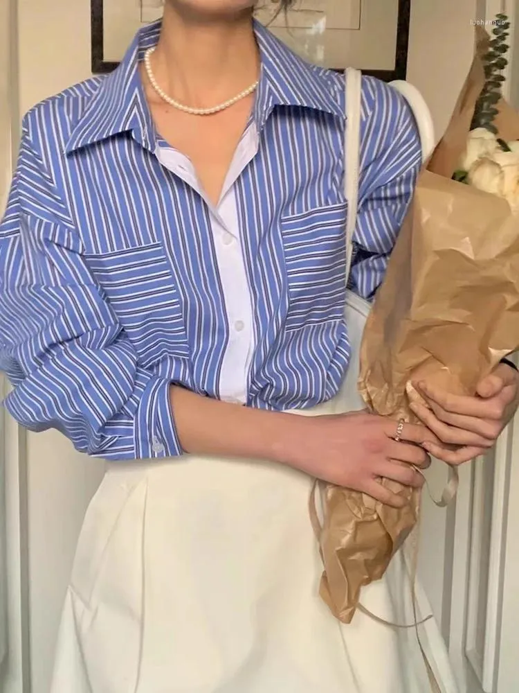 Женские блузки SuperAen, весна 2024, винтажный стиль, откидной воротник, двойной карман, свободная классическая полосатая рубашка контрастного цвета с длинными рукавами