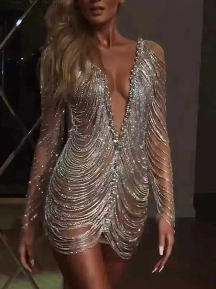 Stedelijke sexy jurken Sparkly AB Grote strass transparante minirok Avond Verjaardag Vieren Luxe Kom Danser Knipperende rok Jurken L240309