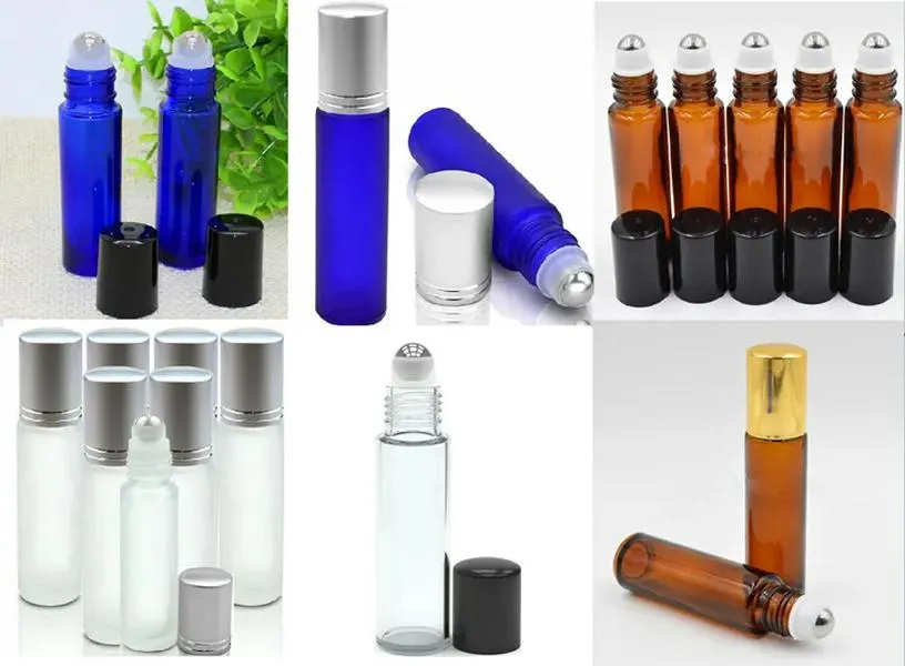 wholesale Mini roll on portatile da 10 ml su flaconi di vetro Profumo PROFUMO Bottiglie a rullo di vetro smerigliato trasparente blu ambrato con acciaio Staniless ZZ