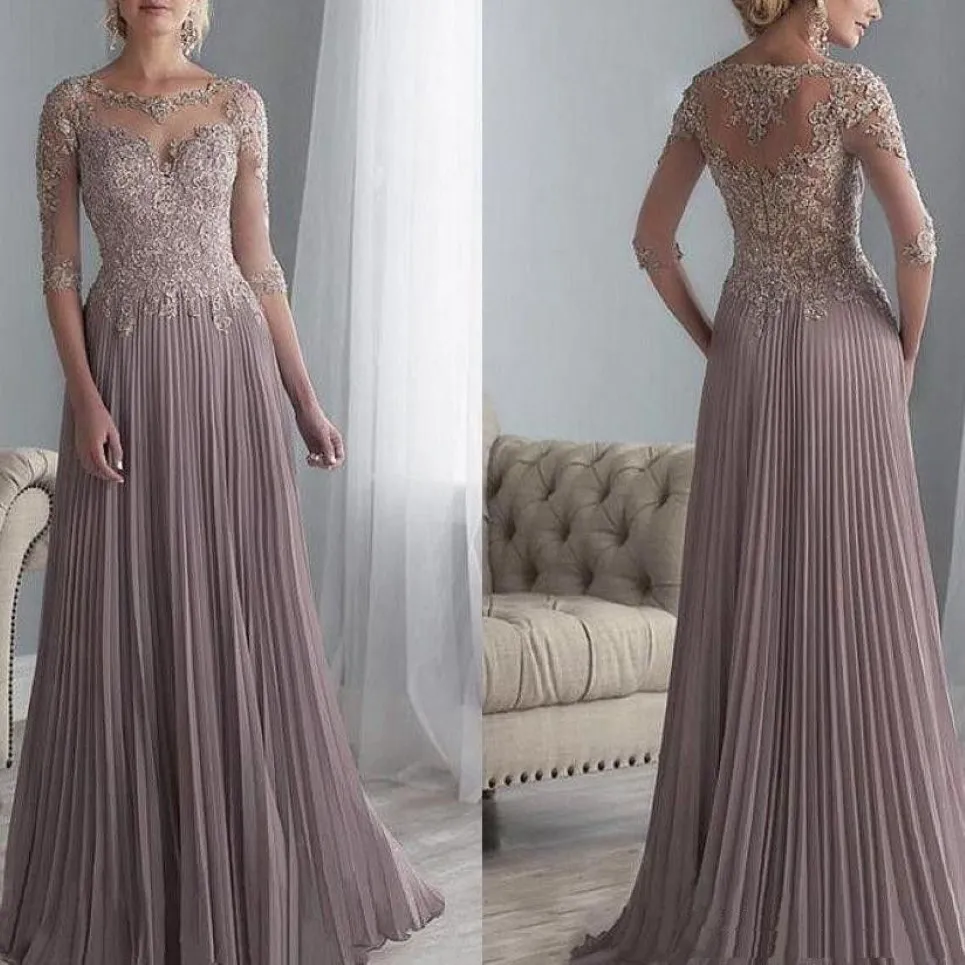 Chiffon-Plissee-Spitze-Applikation A-Linie Kleid für die Mutter des Bräutigams mit 1 oder 2 Ärmeln Brautkleider Langes Vestido De Festa Hochzeitskleid265L