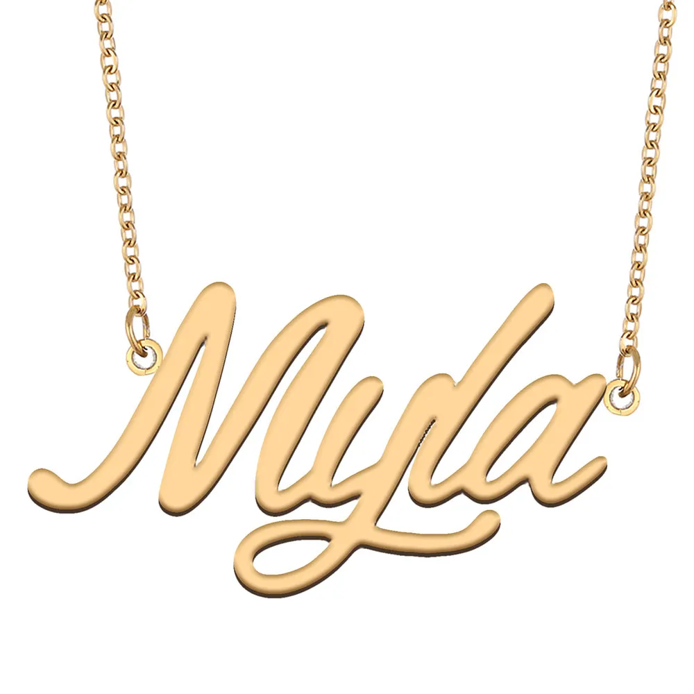 Collana con nome Myla Ciondolo con targhetta personalizzata per donne, ragazze, regalo di compleanno, bambini, migliori amiche, gioielli, acciaio inossidabile placcato oro 18 carati