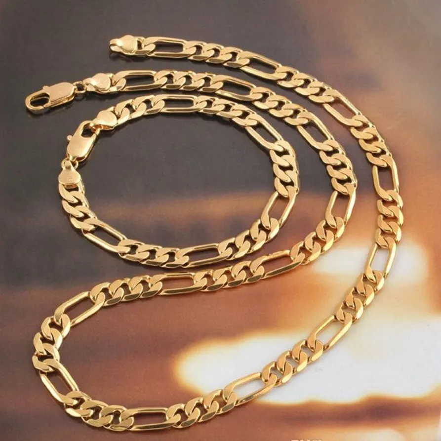 Smyckesuppsättning klassisk stil 18k gul guldfylld figaro halsband armband kvinnor herrtillbehör solid mode gåva196q