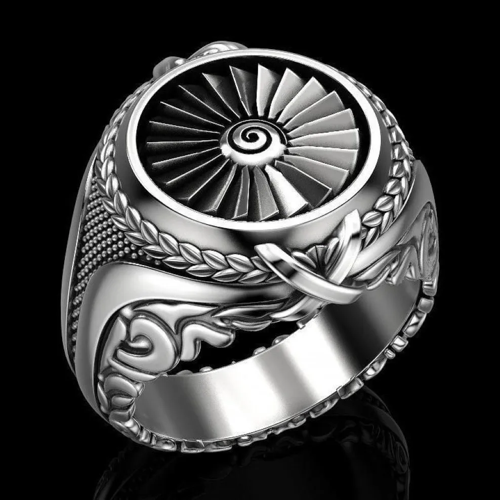 Ny ankomst Creative Heavy Metal Turbine Ring European och American Punk Style Men's Vintage Retro Silver Plated Ring Smycken243s