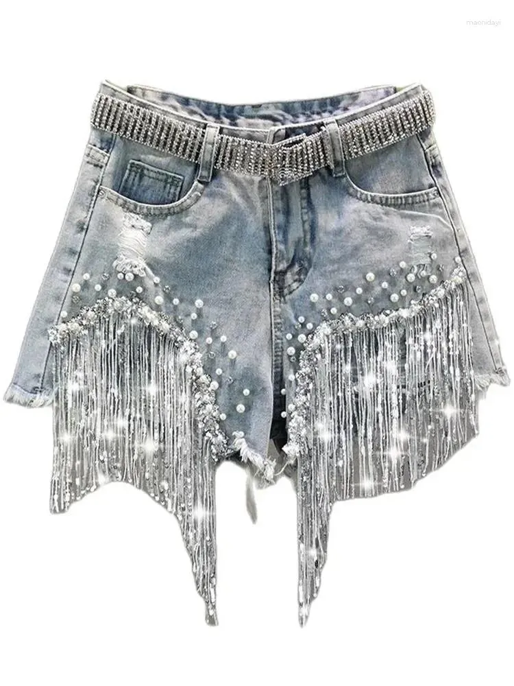 Jeans femininos verão elegante shorts senhora borla beading cintura alta perna larga denim feminino casual sólido para roupas femininas