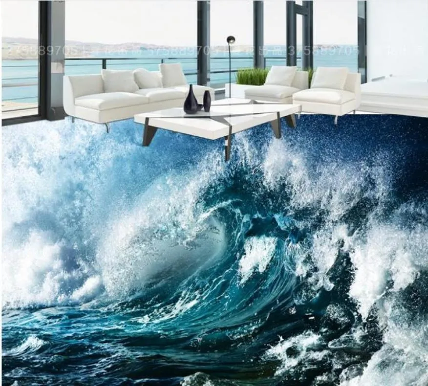 Niestandardowa podłoga 3D Tapeta Modern Art River Kamienie łazienki Mural Blue Ocean Wave 3D FOO PVC Selfhedesive Watterpaper Waterpr1091356