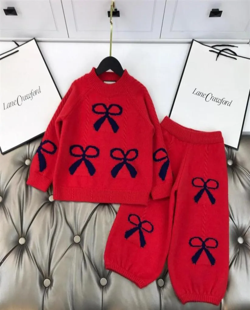 Hiver enfants filles pulls ensembles mode Bow bébé chaud laine tricot pull avec pantalon survêtement enfants vêtements rouges24396442557