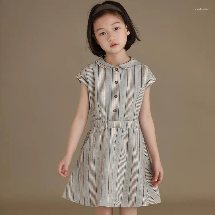 Girl Dresses Girls Dress 2024 For Summer Casual Princess Buttom Short-Sleeve Strip Clothing