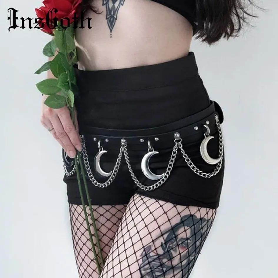 Insgoth Punk Hip Hop Metal Belt Pu Leather Belt Gothic Streetwear Chain Moon Goth Dance Streetwear Individual Women2468