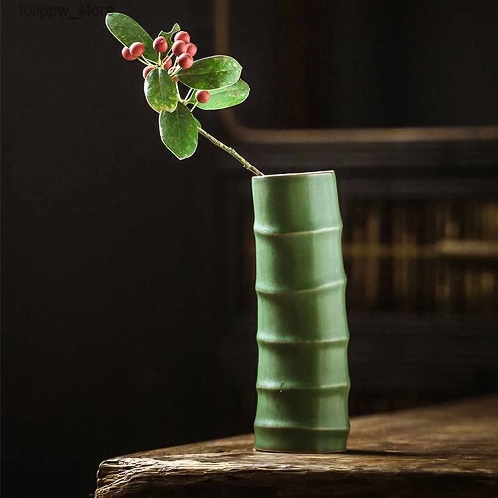 Vaser bambu cylindrisk vas keramisk imitation bambu vas kreativitet blommor arrangemang vas kontor skrivbord dekorationer hem dekor l240309