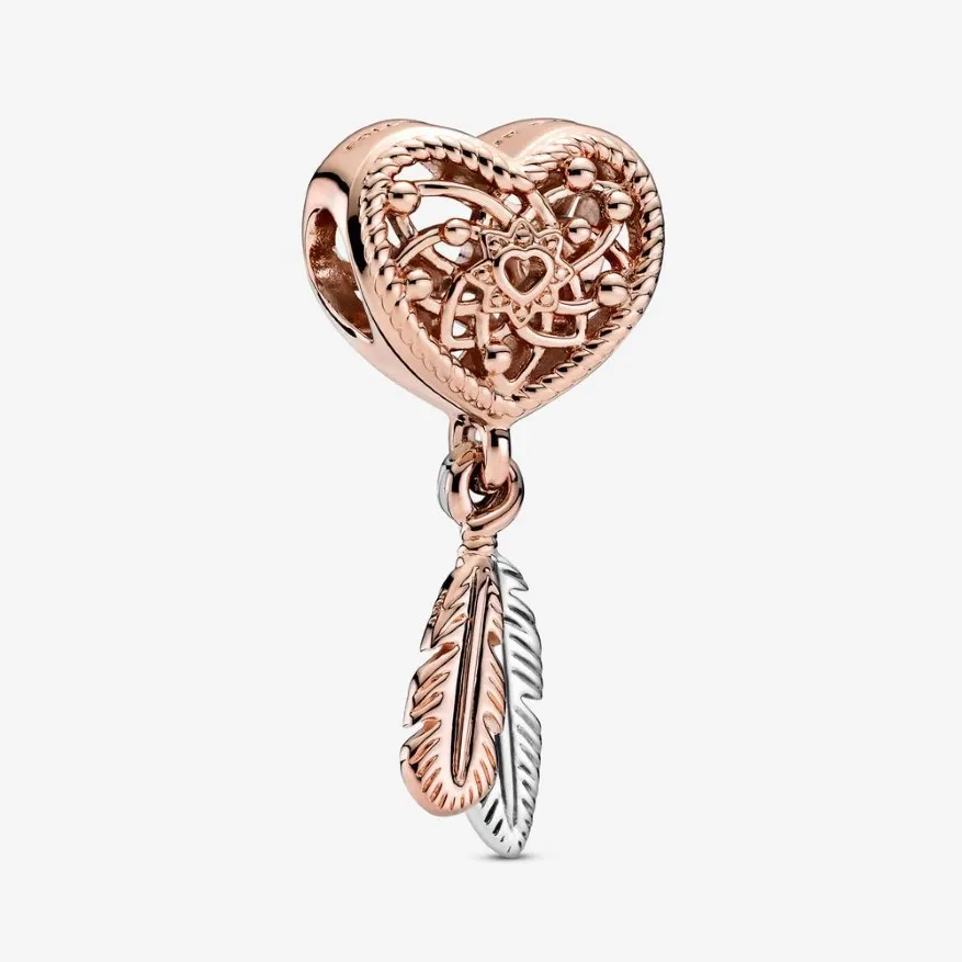 100% 925 Sterling Silver Openwork Heart Two Feathers Dreamcatcher Charm Fit Original European Charm Armband Fashion Jewelry Acc243R