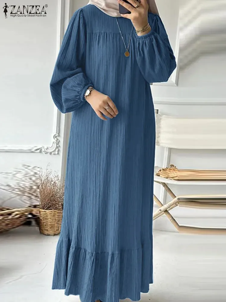 Zanzea moda babados hem muçulmano vestido de verão mulher manga puff o pescoço vestido outono elegante festa abaya vestidos roupas islâmicas 240308