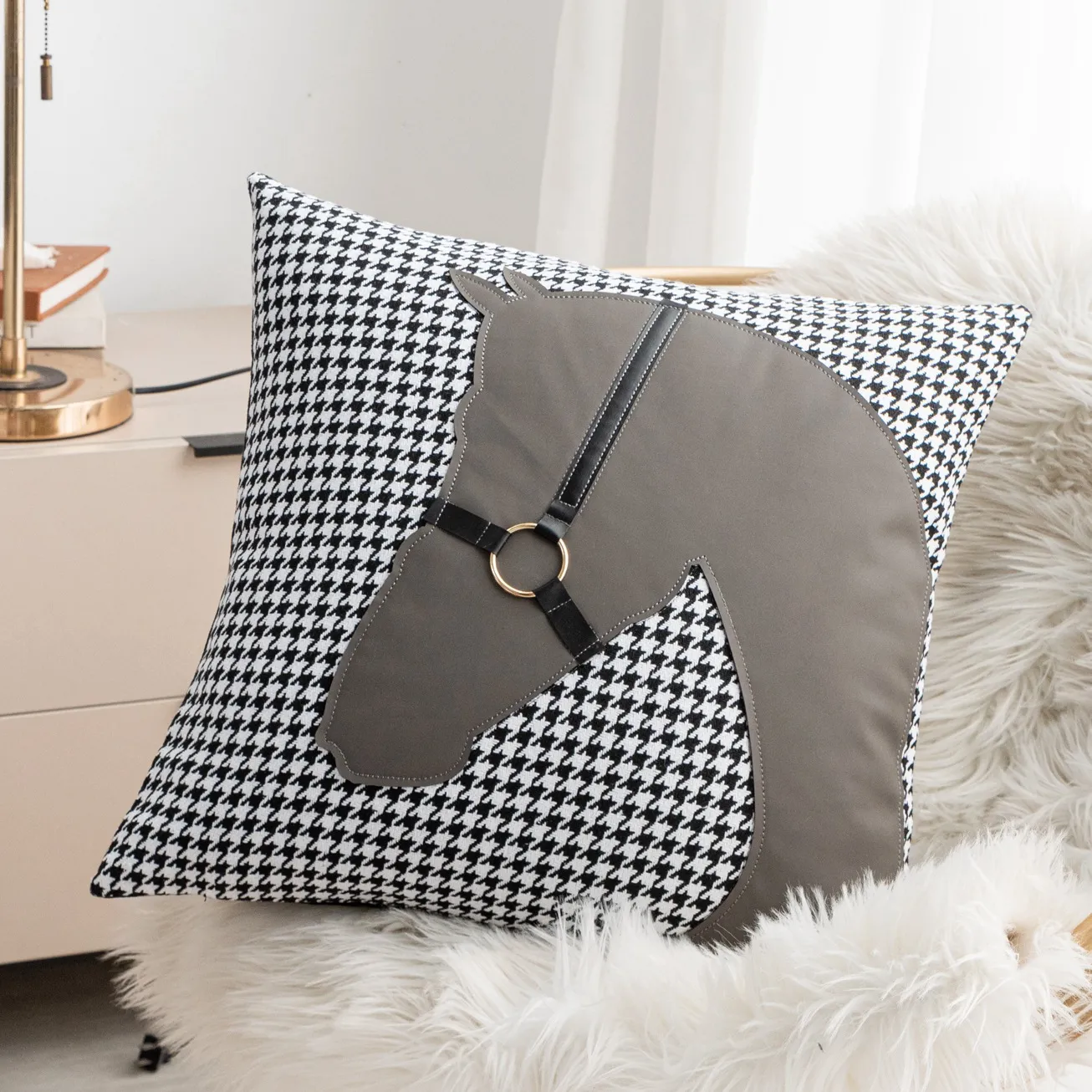 Quality Pillow Case Creative Leather Patchwork Nordic Sofa Cushion Bay Window Bedroom Cushion Houndstooth Gray Horse Head Light Luxury Pillow Cover