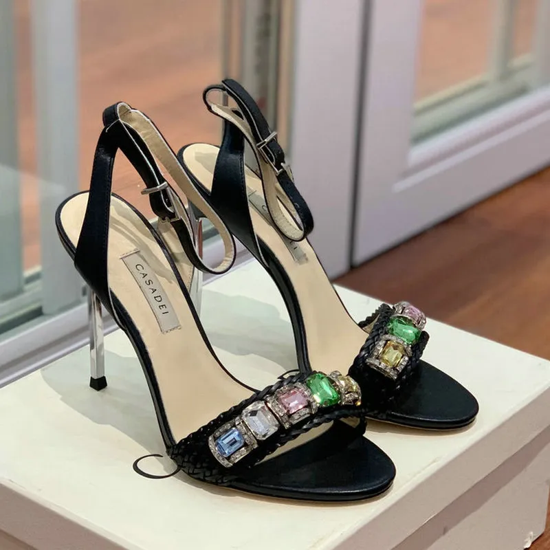 Designer shoes with crystal decoration rhinestones high heels sandals slim high heels luxury 10cm back strap women's fashionable wedding and open heel dinner shoes