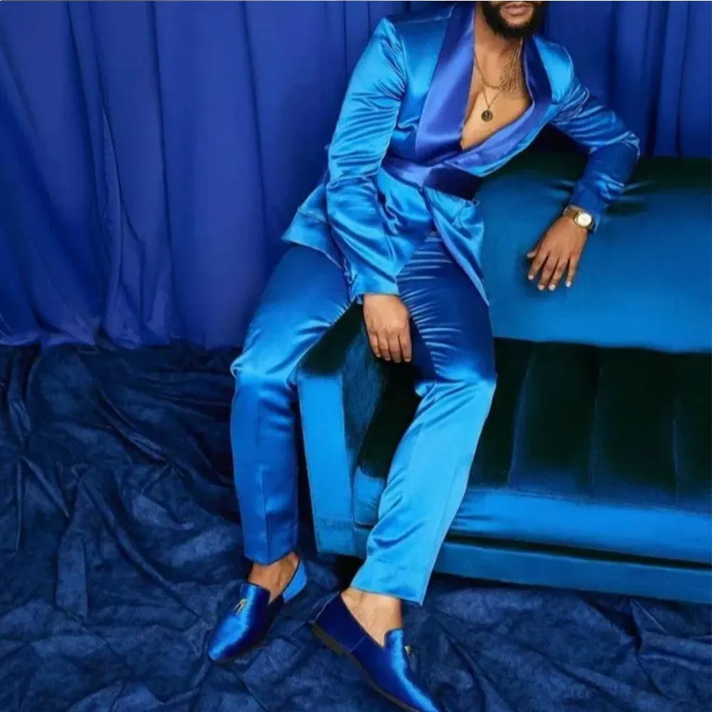 Suits 2023 moda İtalyan gümüş erkekler takım elbise saten ince fit kraliyet mavisi parıltılı damat balo gelinlik