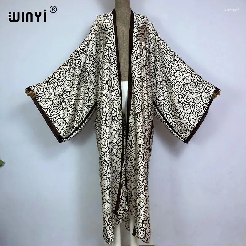 Kvinnors badkläder Winyi 2024 Sommarstrand täcker retrotryck boho cardigan sexig maxi semester långärmad kimono afrika sidenkänsla