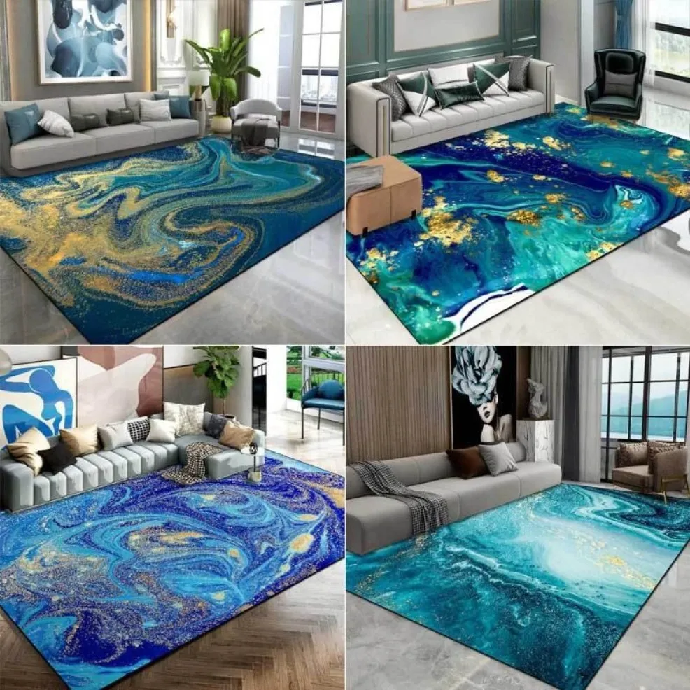 Teppiche Nordic Luxus Abstrakte Wohnzimmer Bereich Teppich Aquarell Blau Grün Ozean Fluid Marmor Vergoldet Golden Teppich Schlafzimmer Nachttisch No283U