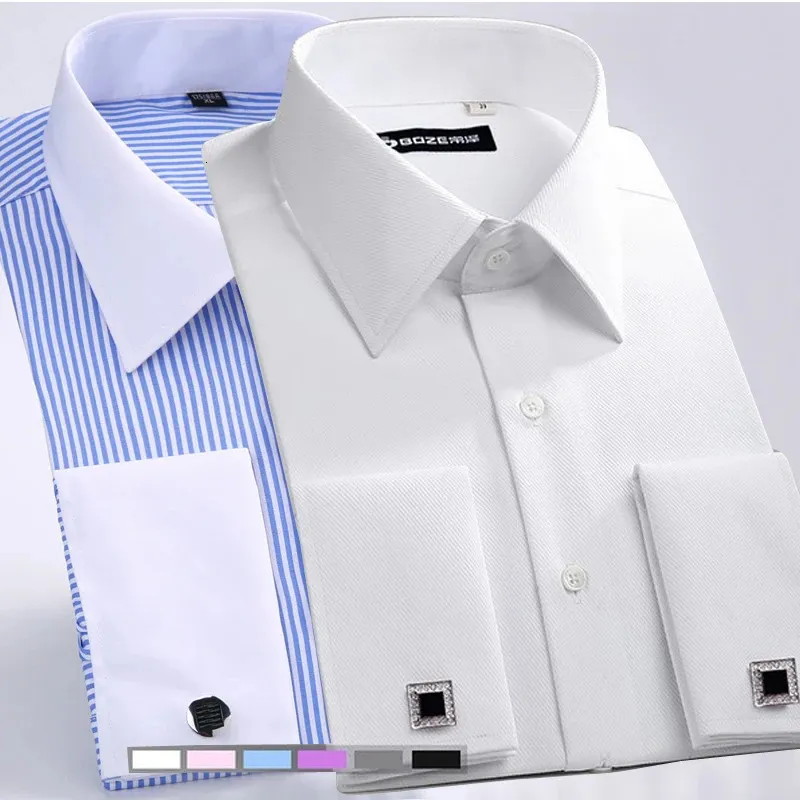 M6XL Heren Franse Manchet Overhemd Wit Lange Mouw Formele Zakelijke Knoppen Mannelijke Shirts Regular Fit Manchetknopen 240304