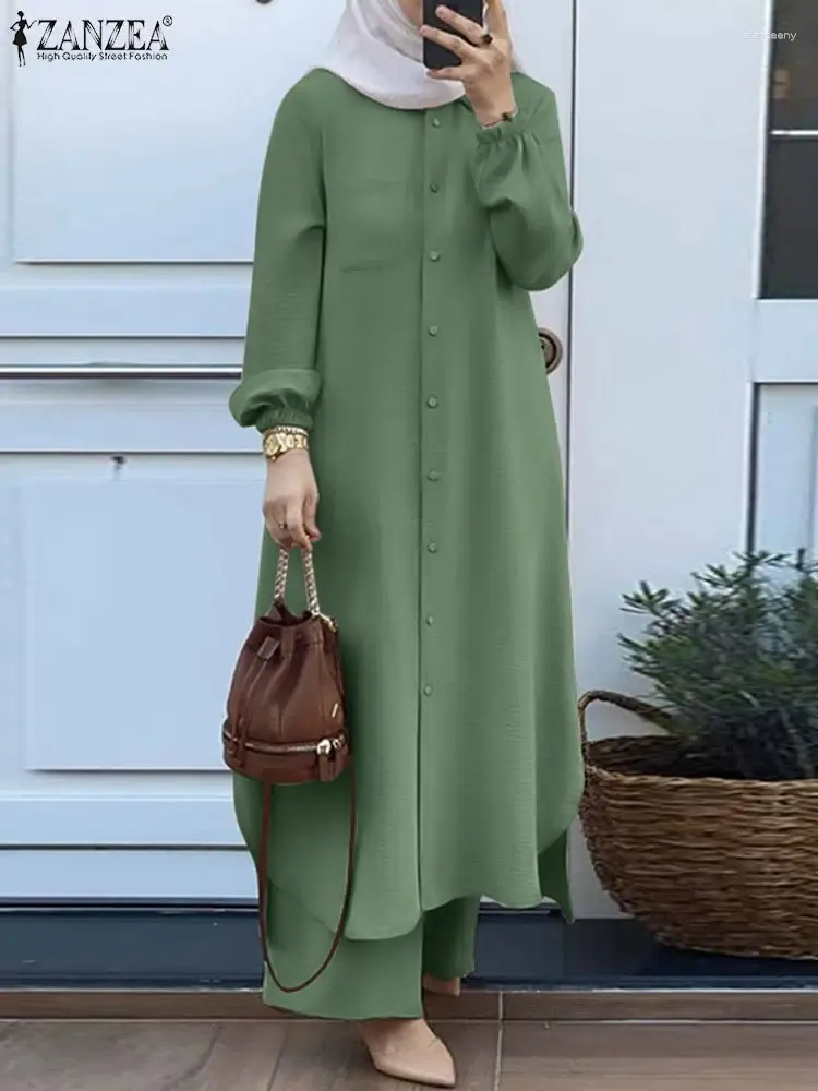エスニック服イスラム教徒の女性トラックスーツターキーアバヤセットエレガントな長いシャツとワイドレッグパンツスーツザンゼアイードアバヤ衣装イサミック