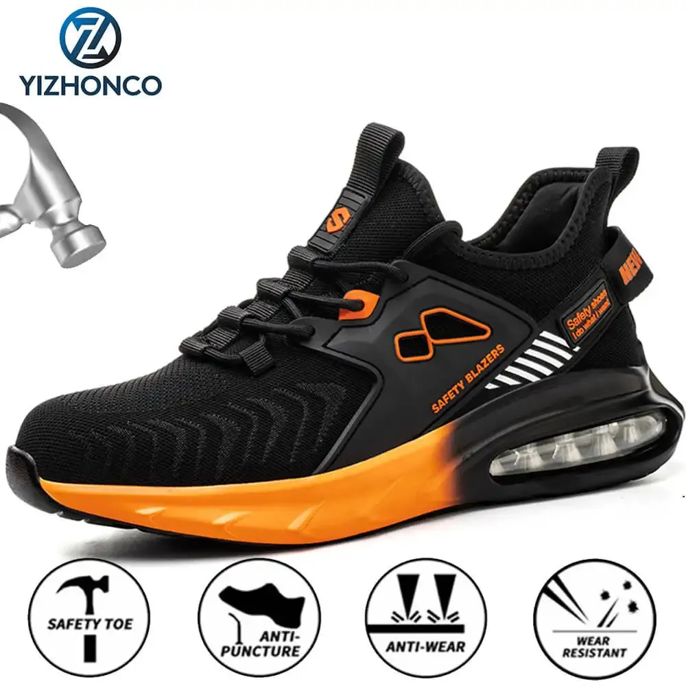 Herbst Herren Sicherheitsschuhe Orange Luftpolster Stahlkappe Sportschuhe Schwarz Sicherheitsschuhe für Männer Anti-Smashing Industrieschuhe 240228