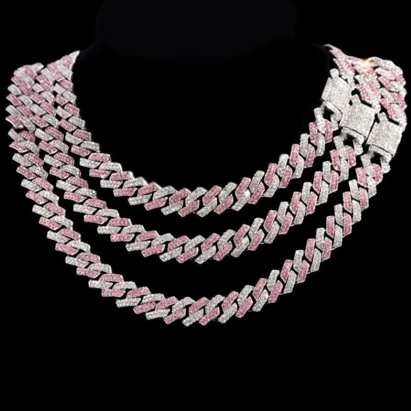 Chaînes HipHop Rose Cristal 14MM Rhombus Prong Cubain Lien Chaîne Collier Pour Femmes Plein Strass Pave Glacé BijouxChains324l