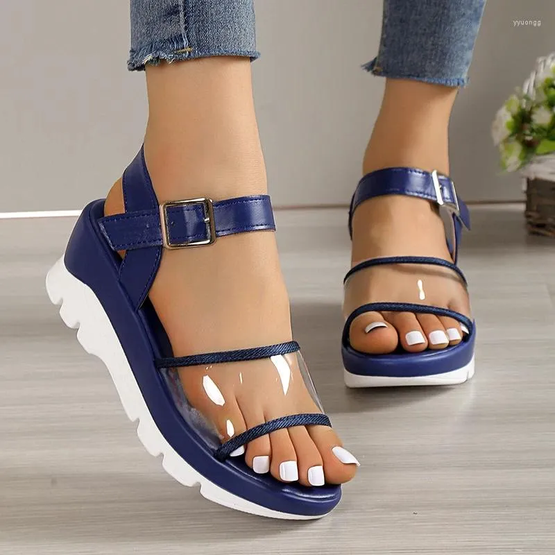 Chaussures de robe Transparent PVC Wedges Sandales Femmes 2024 Été Casual Cheville Boucle Gladiateur Femme Plus Taille Plate-forme Sandalias Mujer