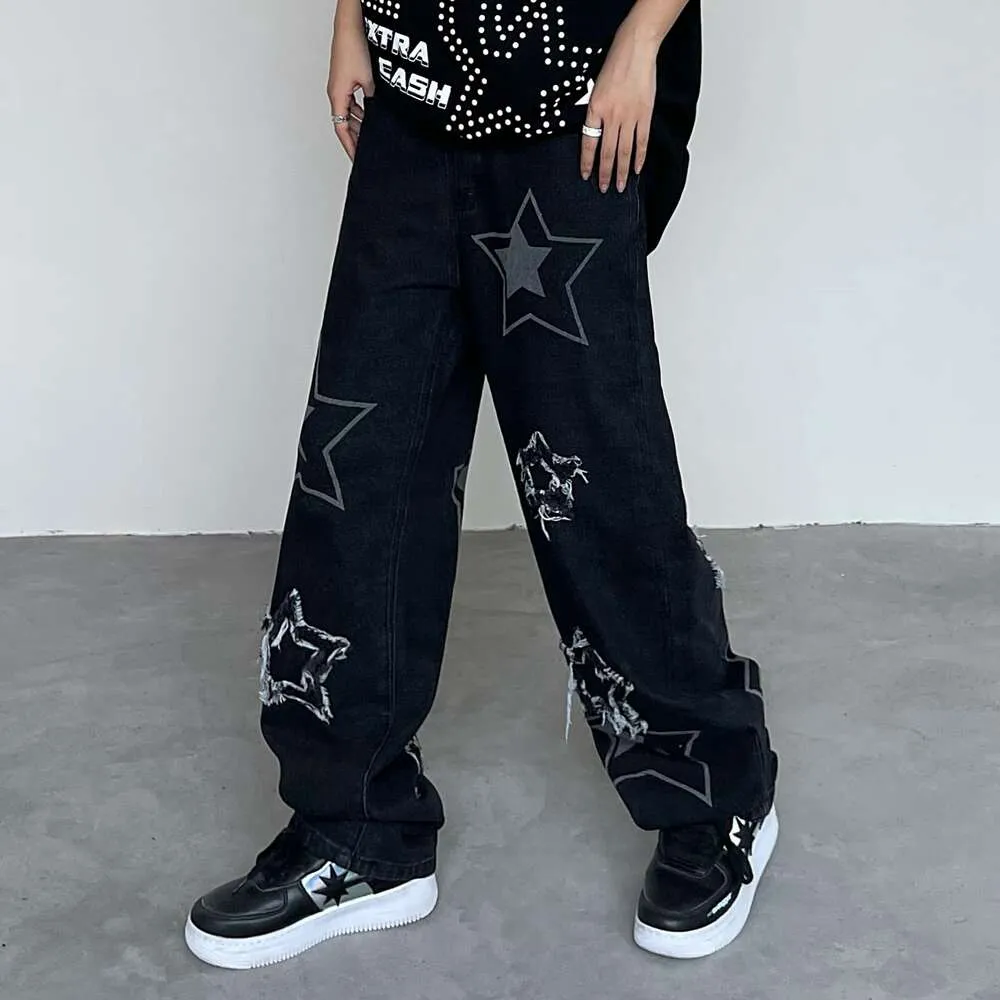 Calças casuais x não é uma boa pessoa china-chique lavado desgastado estrela jeans magro rua moda tubo reto calças soltas