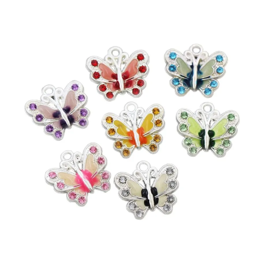 Banhado a prata esmalte borboleta strass cristal charme contas 7 cores pingentes jóias descobertas componentes l1559 56 peças lot226z
